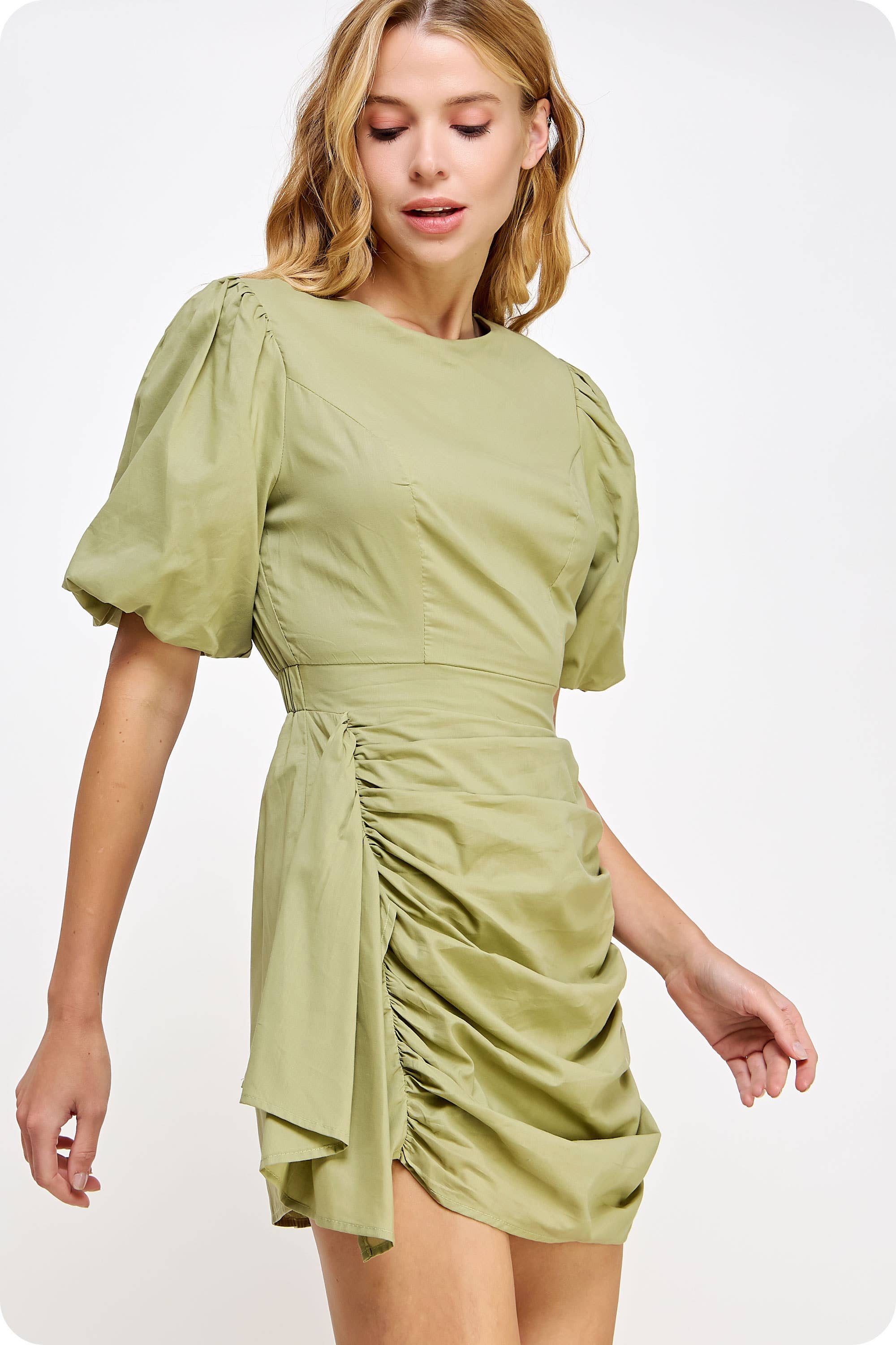 Strut & Bolt - Wholesale Dress - Women's - Ruched Short Puff Sleeve Voile Mini Dress24