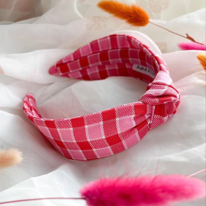 Bandeau à nœud en tartan vichy rouge et rose pour femme pour la vente par Nine Designs Ltd