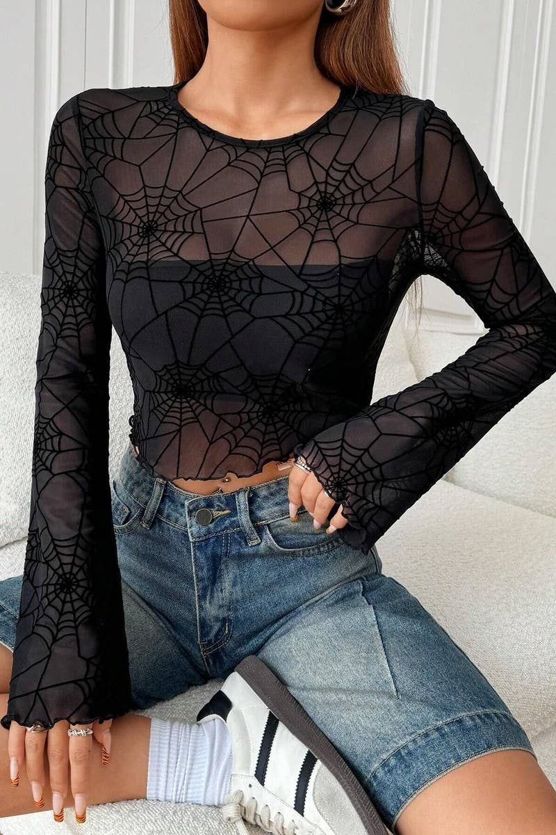 BLACK CWTBLL3478_BLACK TRANSPARENT RUFFLED SPIDER WEB T-SHIRT TOP for wholesale on Faire0