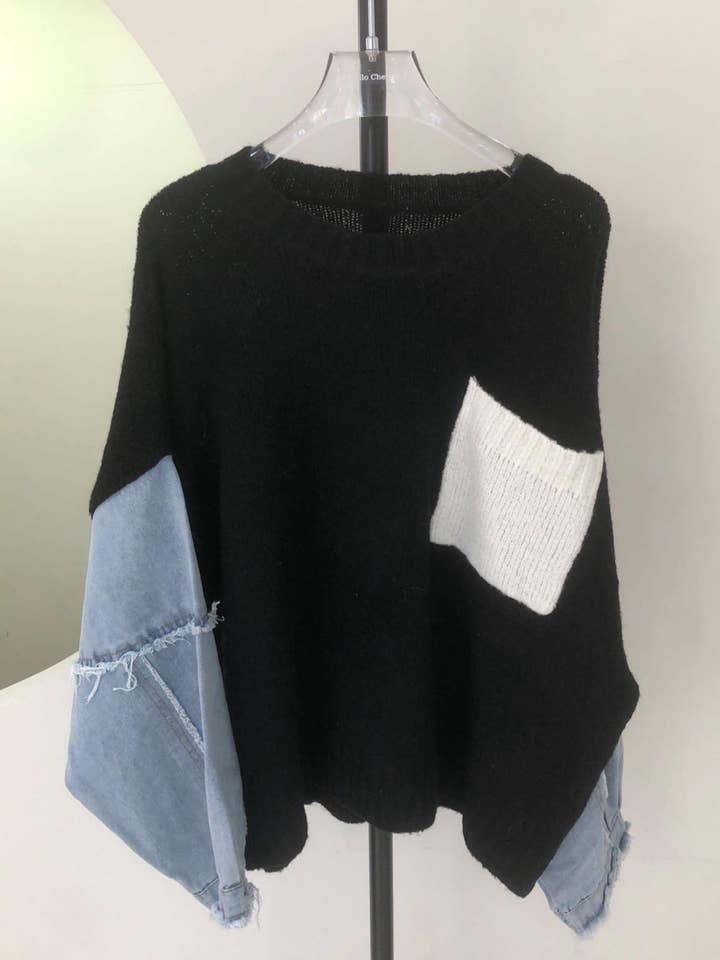 Maglione in maglia con maniche in denim per la vendita all'ingrosso da parte di Miss Sparkling