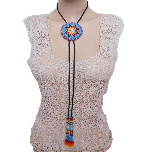 BEADS CORNER - Wholesale Pendant/Charm Necklace - Handcrafted Cyan Blue Seed Beaded leather Bolo Tie with Star Pattern1