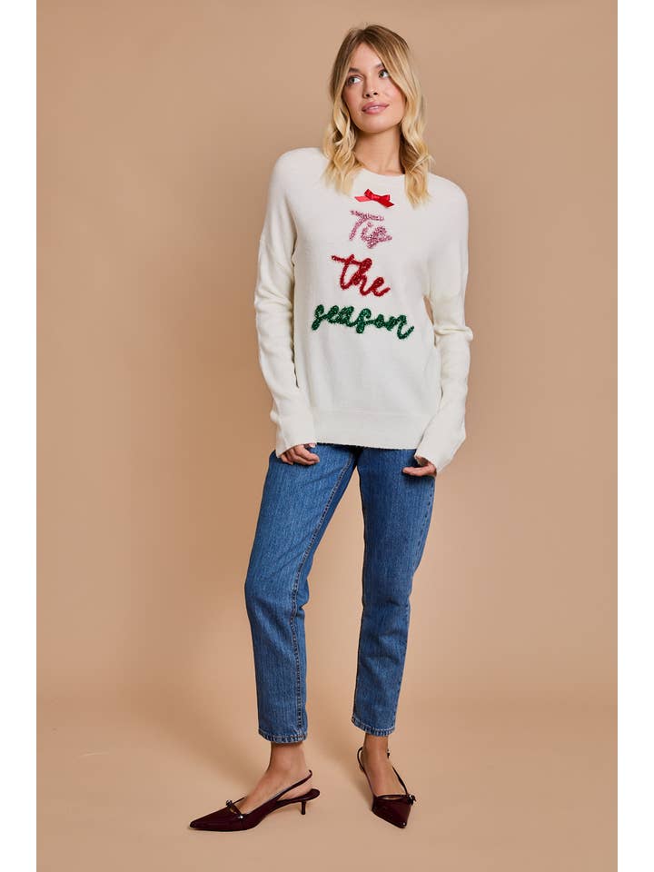 CREAM ROUND NECK LONG SLEEVE "TIS THE SEASON" NOVELTY SWEATER for wholesale on Faire