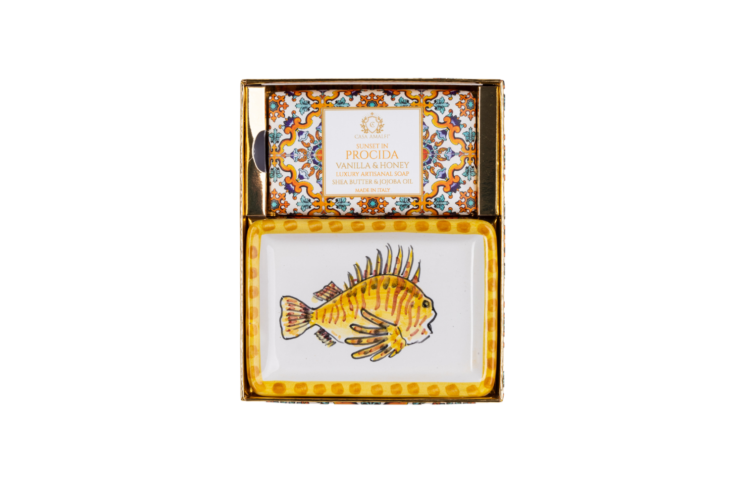 Casa Amalfi – Großhandel Geschenkboxen – Geschenkbox Sunset in Procida mit Körperseife und handbemaltem Keramikseifenschälchen2