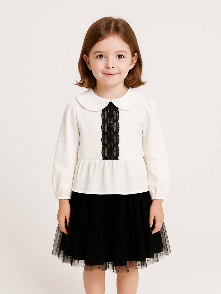 Blouse en Crêpe à Pois Flockés avec Dentelle pour la vente par Badgley Mischka (Girls)