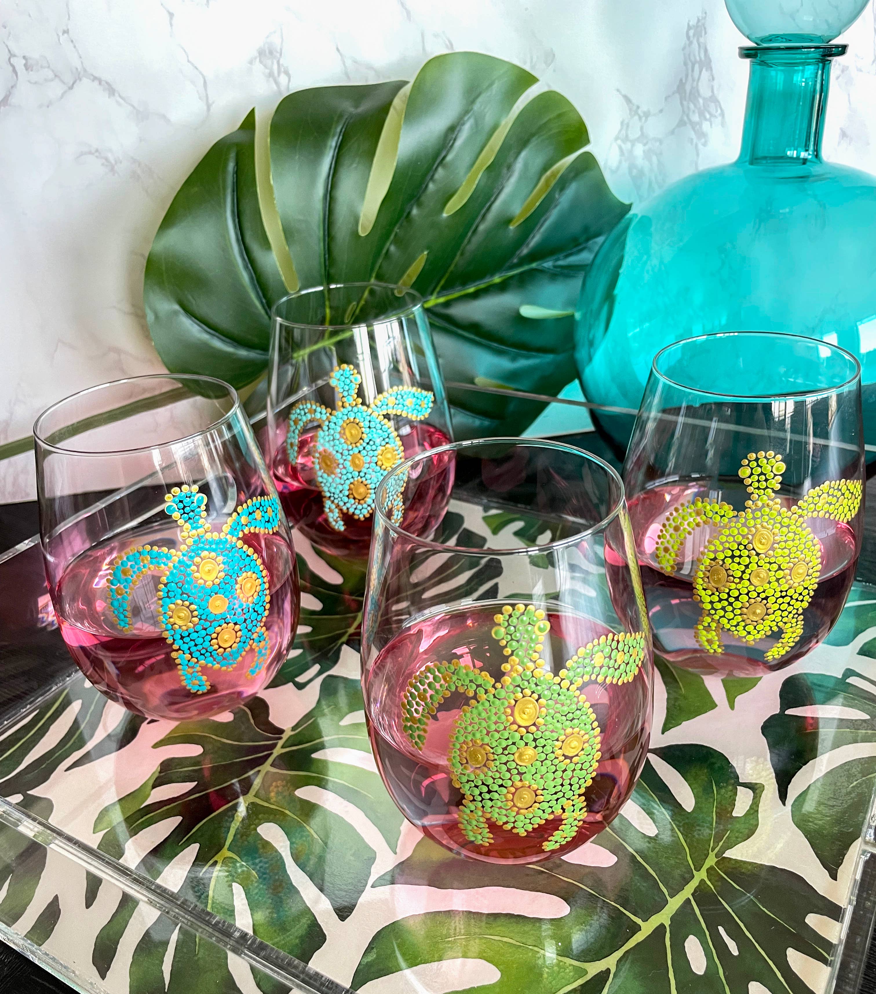 REUVEN Designs - Wholesale Wine Glass - Hand Painted Sea Turtles Stemless Wine Glasses S/4 Grn/Blue1