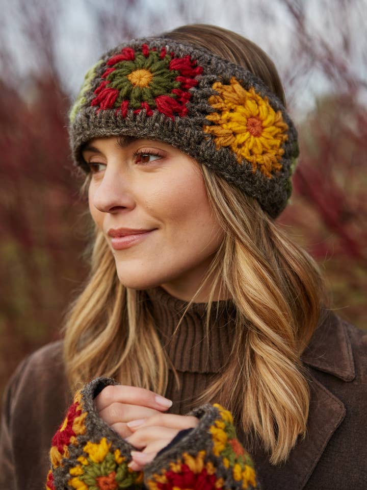 Woodstock Granny Square Crochet Ear Warmers Floral Brown for wholesale by Pachamama Ltd