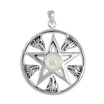Rainbow Moonstone Wolf Head Pentagram Pendant for wholesale by Silver Jewellery Cavern Wholesale