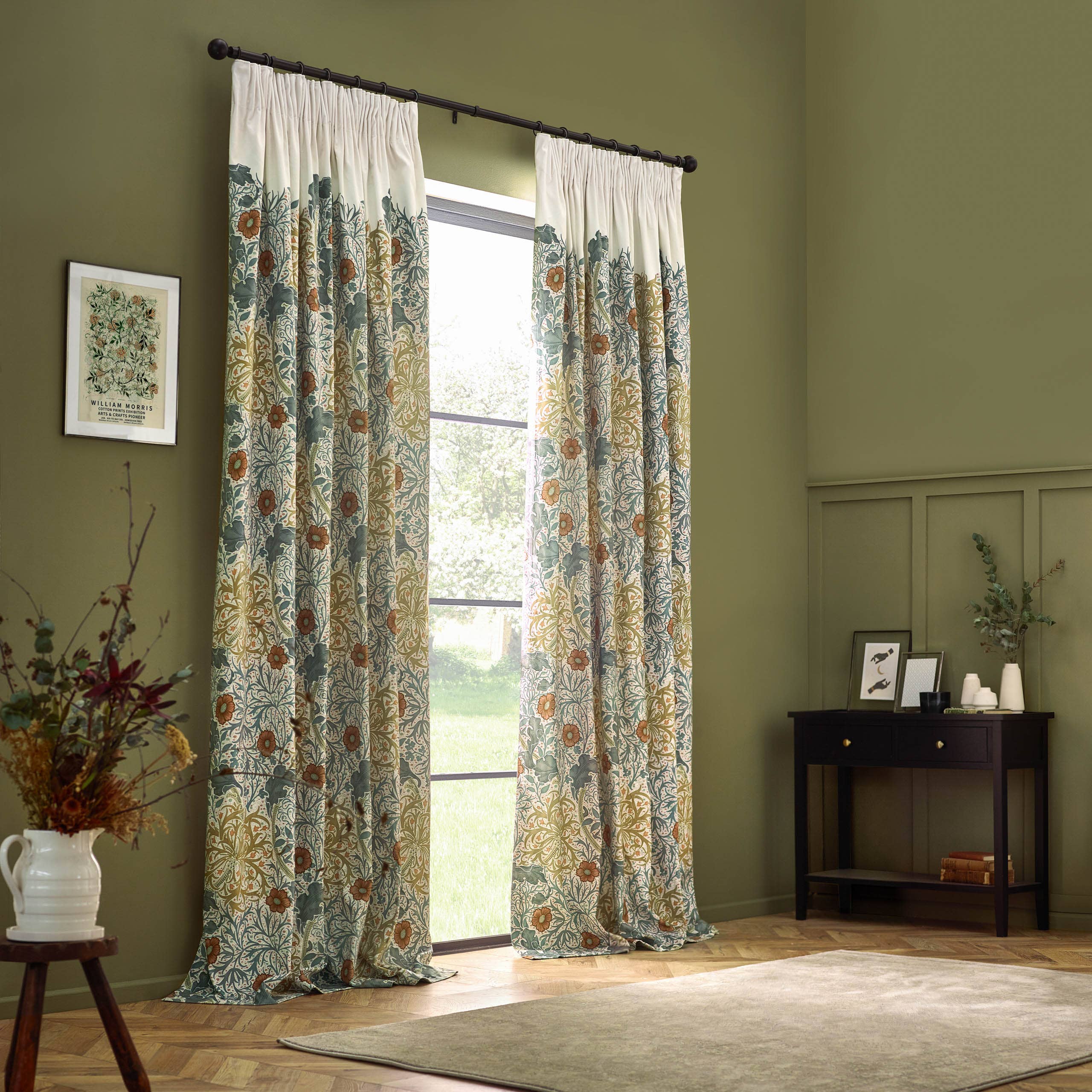 Stone Sunflower Seaweed Printed Velvet Pencil Pleat Curtains Stone/Sunflower for wholesale on Faire6