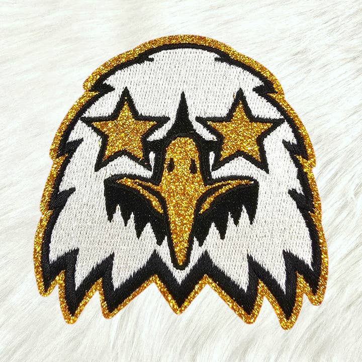 Scratch Decor - Wholesale Patch - Small Black White Eagle Gold Glitter Mascot with Star Eyes Embroidery Iron On Patch0