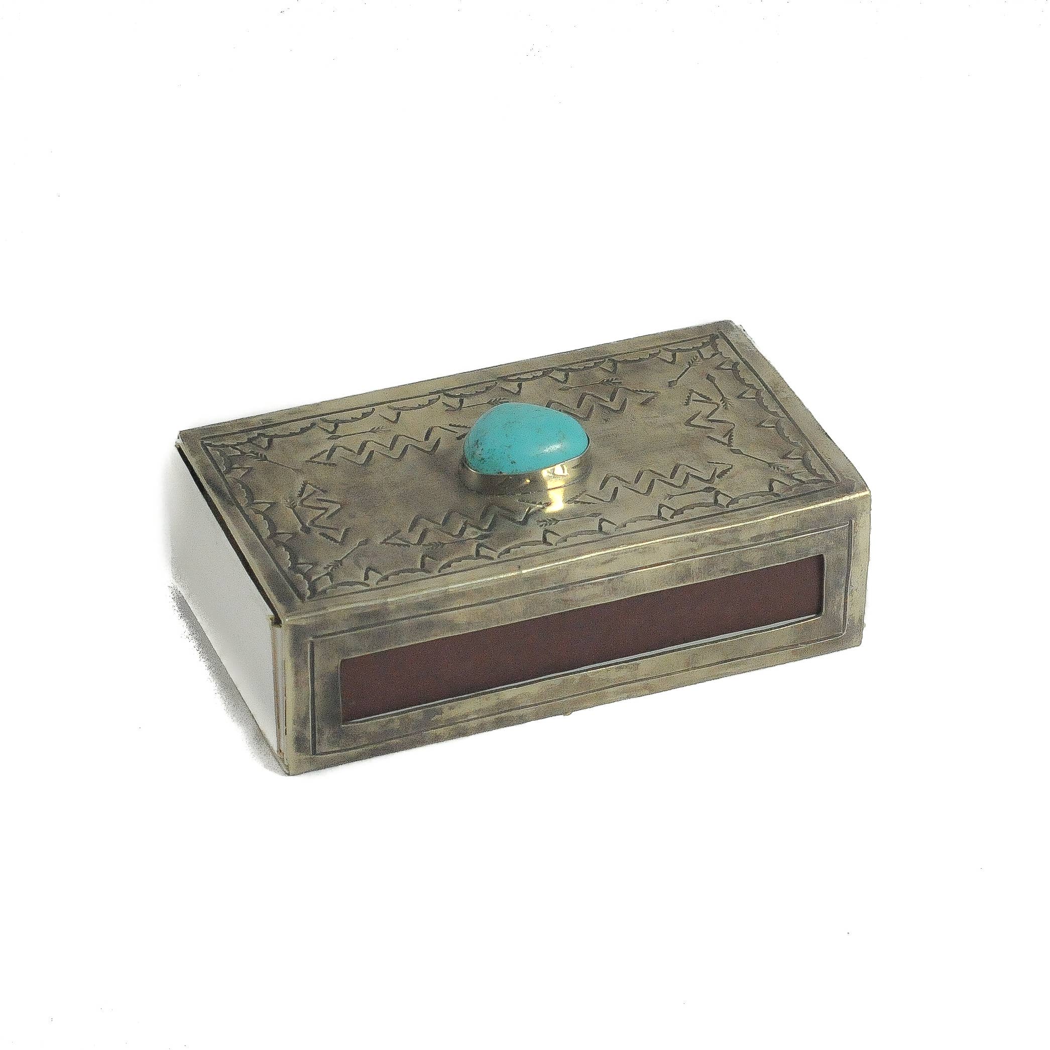 J.Alexander Rustic Silver - Wholesale Decorative Box - WJA-018-T  LARGE STAMPED MATCHBOX COVER W/TURQ2