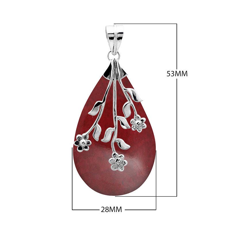 Bali Designs - Wholesale Pendant/Charm Necklace - AP-1047-CR Sterling Silver Red Coral Long Teardrop Pendant With Floral Branch Overlay.1