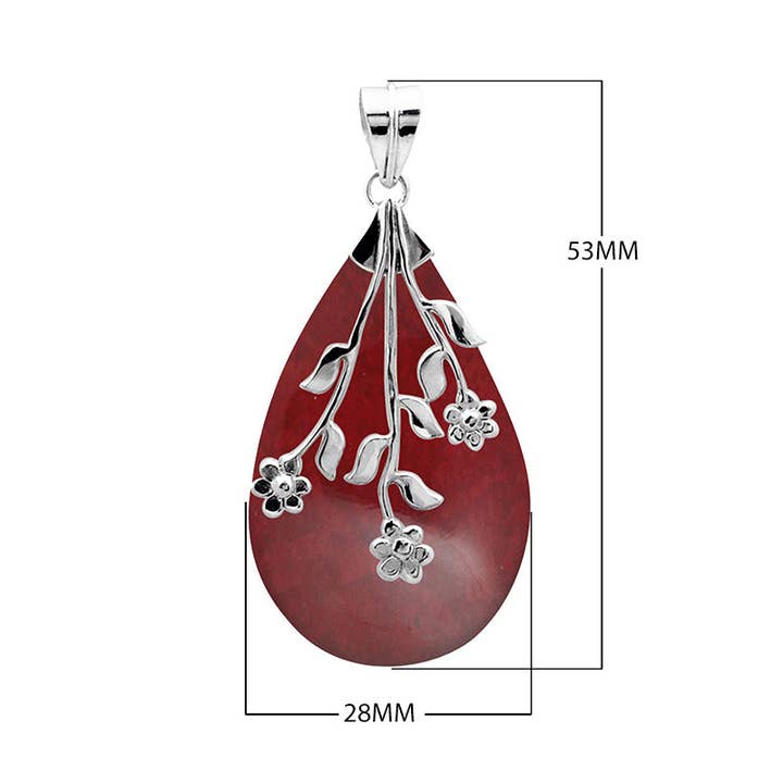 Bali Designs - Wholesale Pendant/Charm Necklace - AP-1047-CR Sterling Silver Red Coral Long Teardrop Pendant With Floral Branch Overlay.1