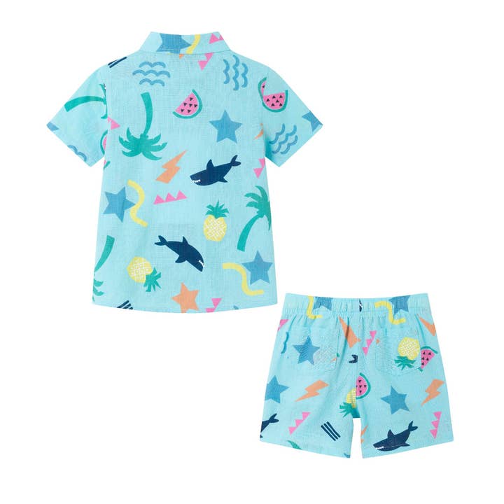 Light Blue Kids (2-7) Fun Print Buttondown Set | Tropical Adventure for wholesale on Faire