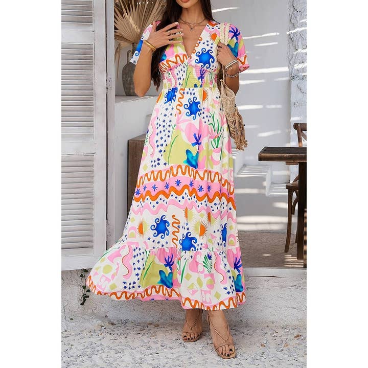 Elings - Wholesale Dress - Women's - Allover Print Deep V Elastic Waist Band Maxi Dress10