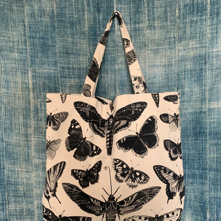 Sacola grande de lona de algodão com estampa de tela de mão borboletas por atacado de Little Baby Kitty