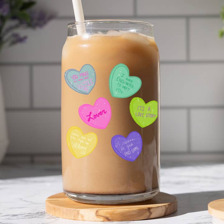 Taylor Conversation Hearts Glass Can Cup for wholesale by The Purple Turtle