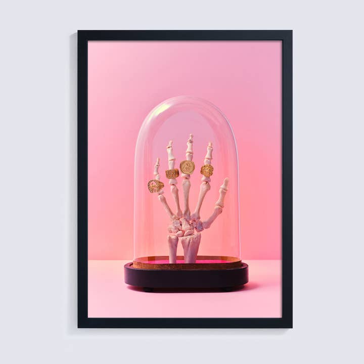 Humorous Giclée Photo Print Of Skeleton Hand With Rings for wholesale by Ornament Art