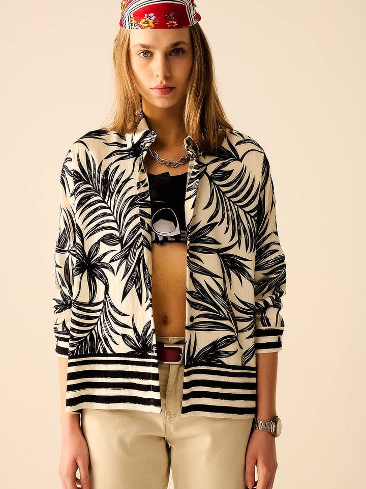 Tropical Motif Relaxed Blouse in Black and White for wholesale on Faire