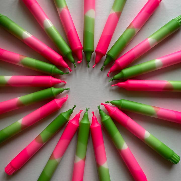 Neon Pink & Green Dip Dyed Dinner Candles for wholesale by The Singing Rabbit