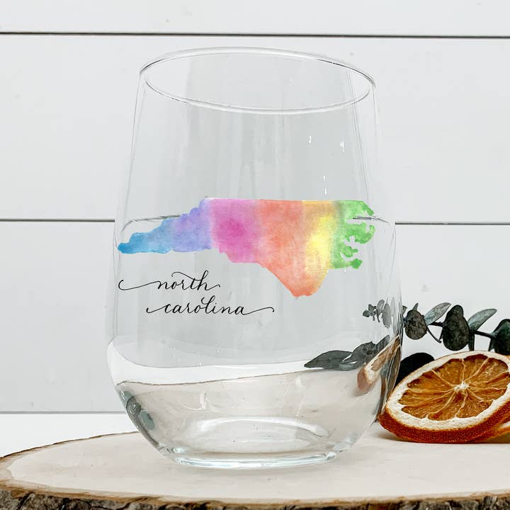 Stemless Wine Glass w NC Watercolor *TEMPORARILY SOLD OUT* for wholesale by The Write Occasion Calligraphy