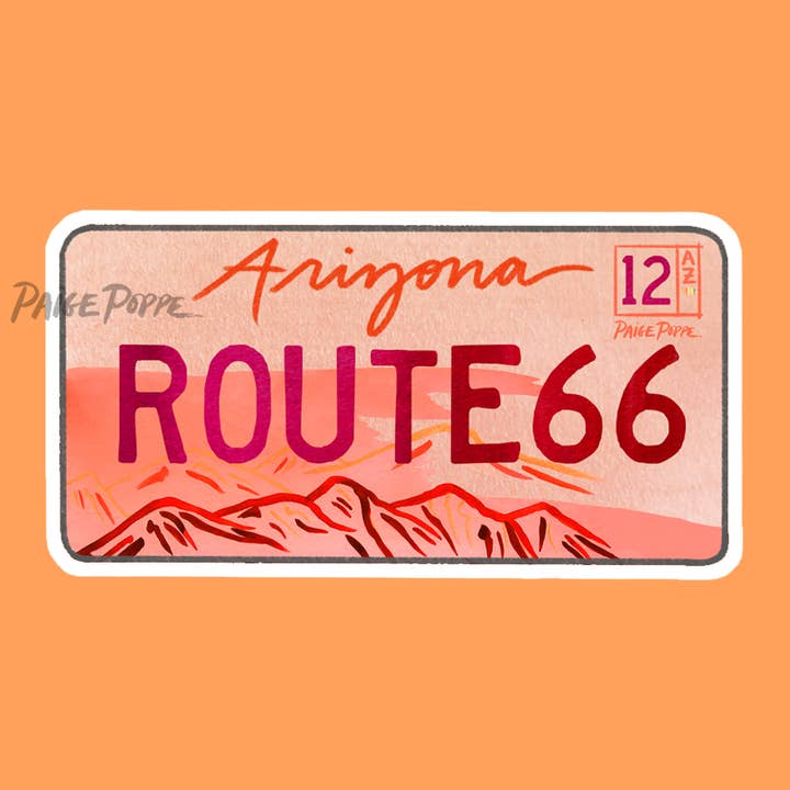Paige Poppe Art - Wholesale Sticker - „Route 66 kentekenplaat” Diecut Sticker
