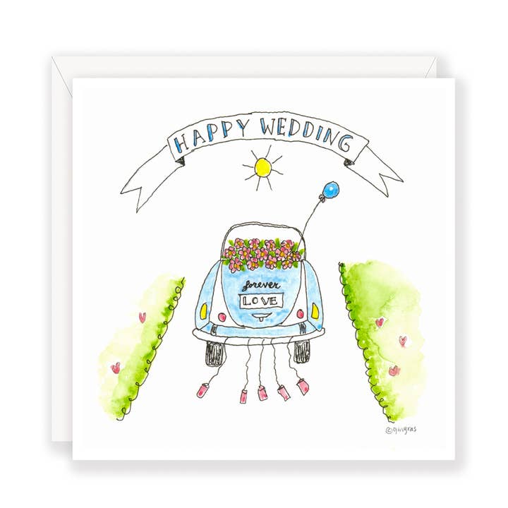 'Happy Wedding!' wedding car w/ cans card by Sandy Gingras for wholesale by Sweet Gumball Inc.
