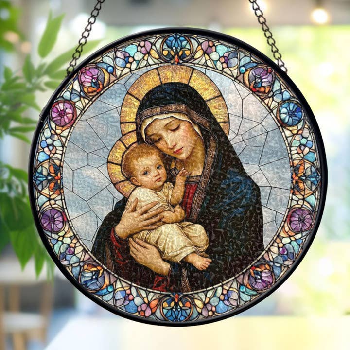Vetrata della Vergine Maria e Bambino Gesù, Regalo Religioso per la Casa per la vendita all'ingrosso da parte di NVC Ecommerce LLC