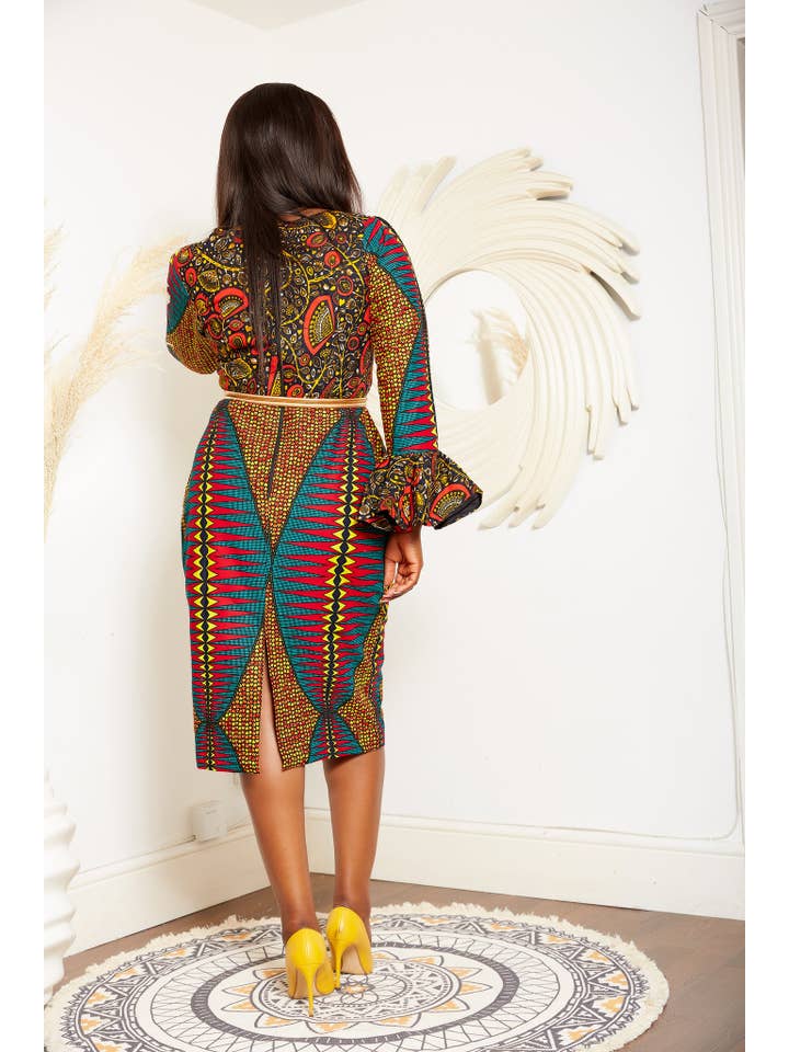 CUMO London - Wholesale Dress - Women's - African Print Long Sleeve Pencil Midi Dress - Otega5