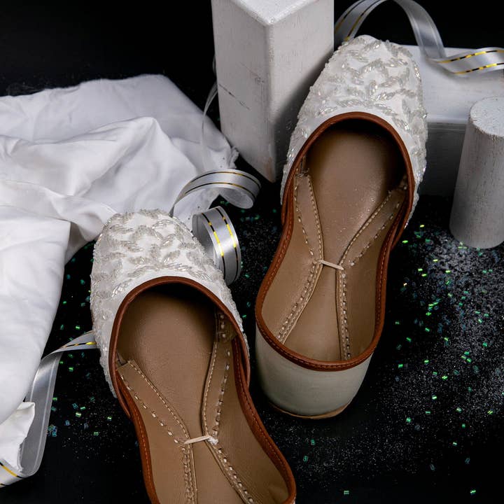 Linear Imagery White Satin Base Beads Embellished Ballet Flats Wedding Flat Shoes for wholesale on Faire