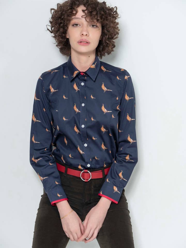 LAYLA Navy New Pheasants luxury cotton satin shirt with LYCRA for wholesale by HARTWELL