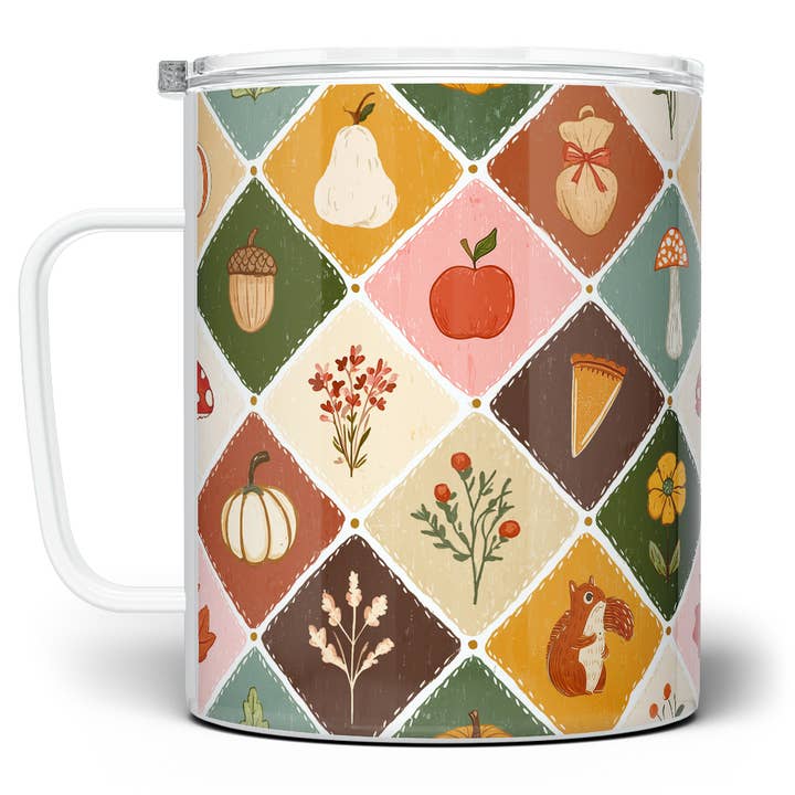 Cozy Fall Patchwork Insulated Mug, Autumn Fall Gifts for wholesale by Loftipop