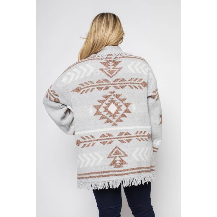 Curve Market - Wholesale Cardigan - Women's - PLUS SIZE BOHO AZTEC FRINGE SWEATER CARDIGAN