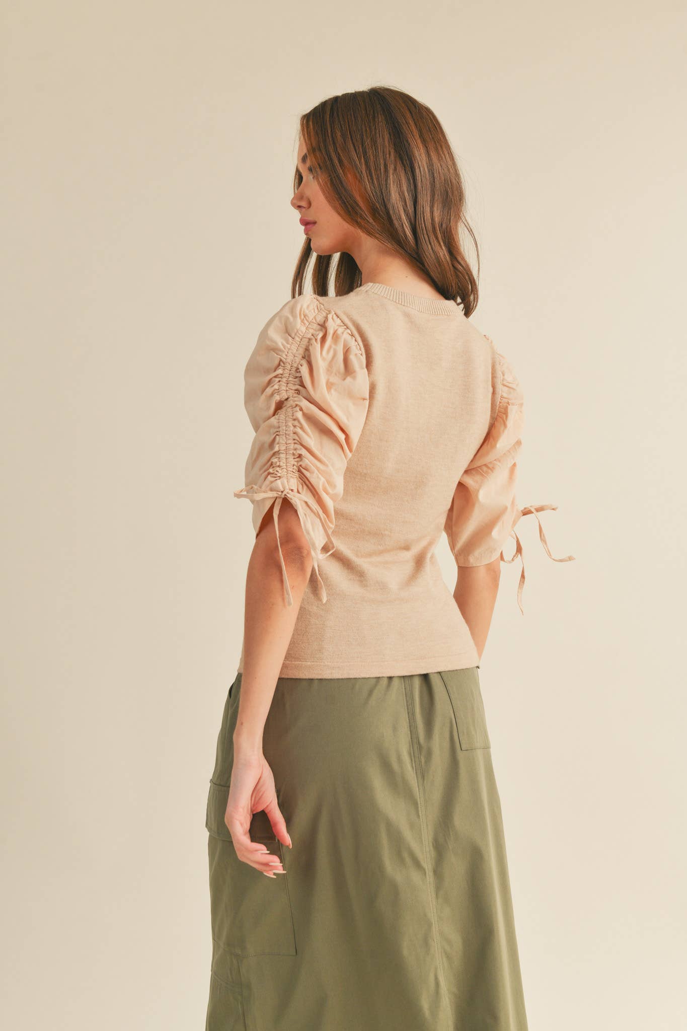 &MERCI - Wholesale Knit Top - Women's - RUCHED SLEEVE MIXED MEDIA TOP MSW24649