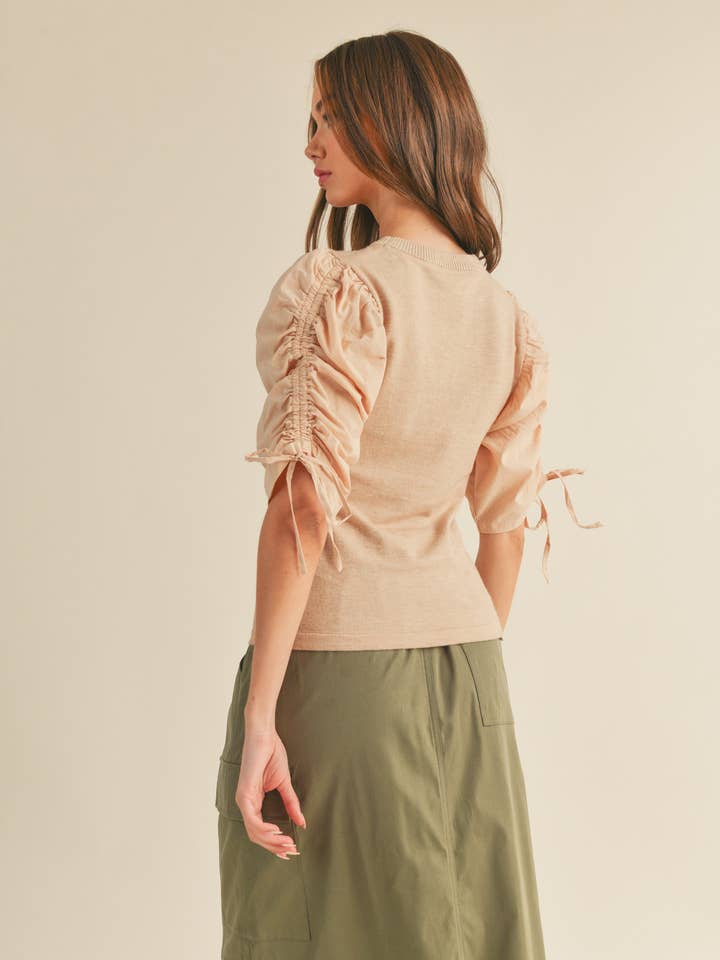 &MERCI - Wholesale Knit Top - Women's - RUCHED SLEEVE MIXED MEDIA TOP MSW24649