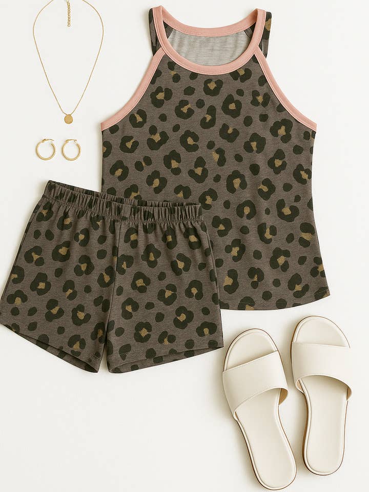 Hvid Birk 2-delt Grå Leopard Shorts Sæt for engroshandel hos The Bling Barn