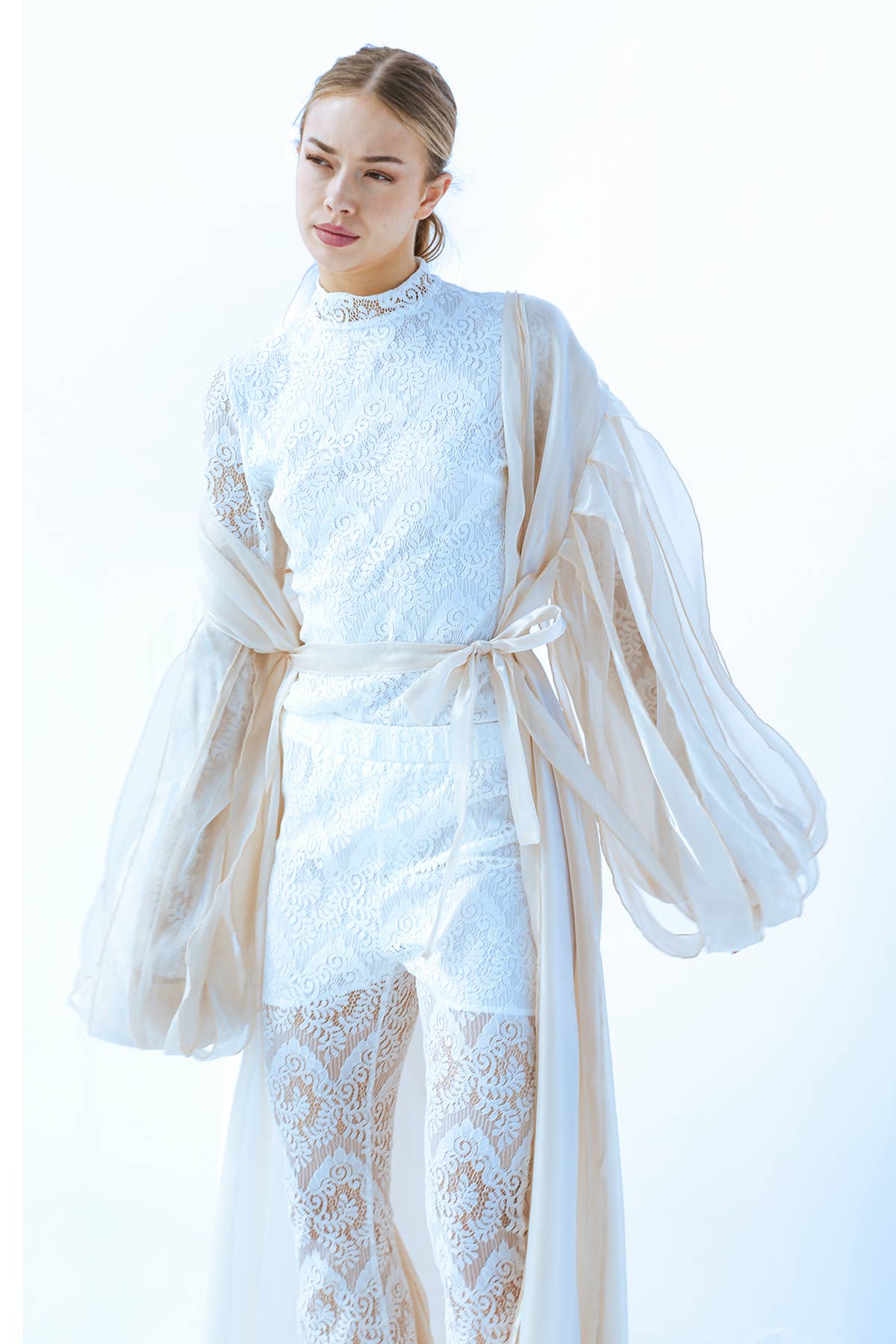 Beige Open Balloon Sleeve Detail Fine Organza Maxi Robe MC4402 for wholesale on Faire3