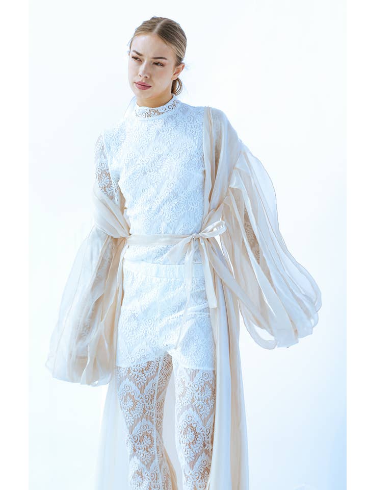 Beige Open Balloon Sleeve Detail Fine Organza Maxi Robe MC4402 for wholesale on Faire3