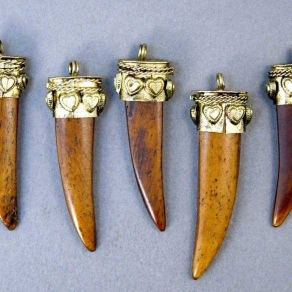 Jewelers Paradise - Wholesale Individual Charm/Pendant - Tibetan Brown Carved Bone Horn Pendant with Engraved Brass