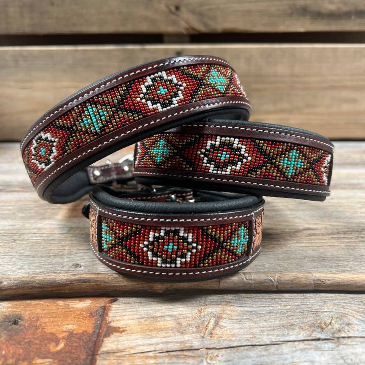 Rodeo Drive - Wholesale Pet collar – Dog - Red and Brown Genuine Leather Beaded Dog Collar #DC450
