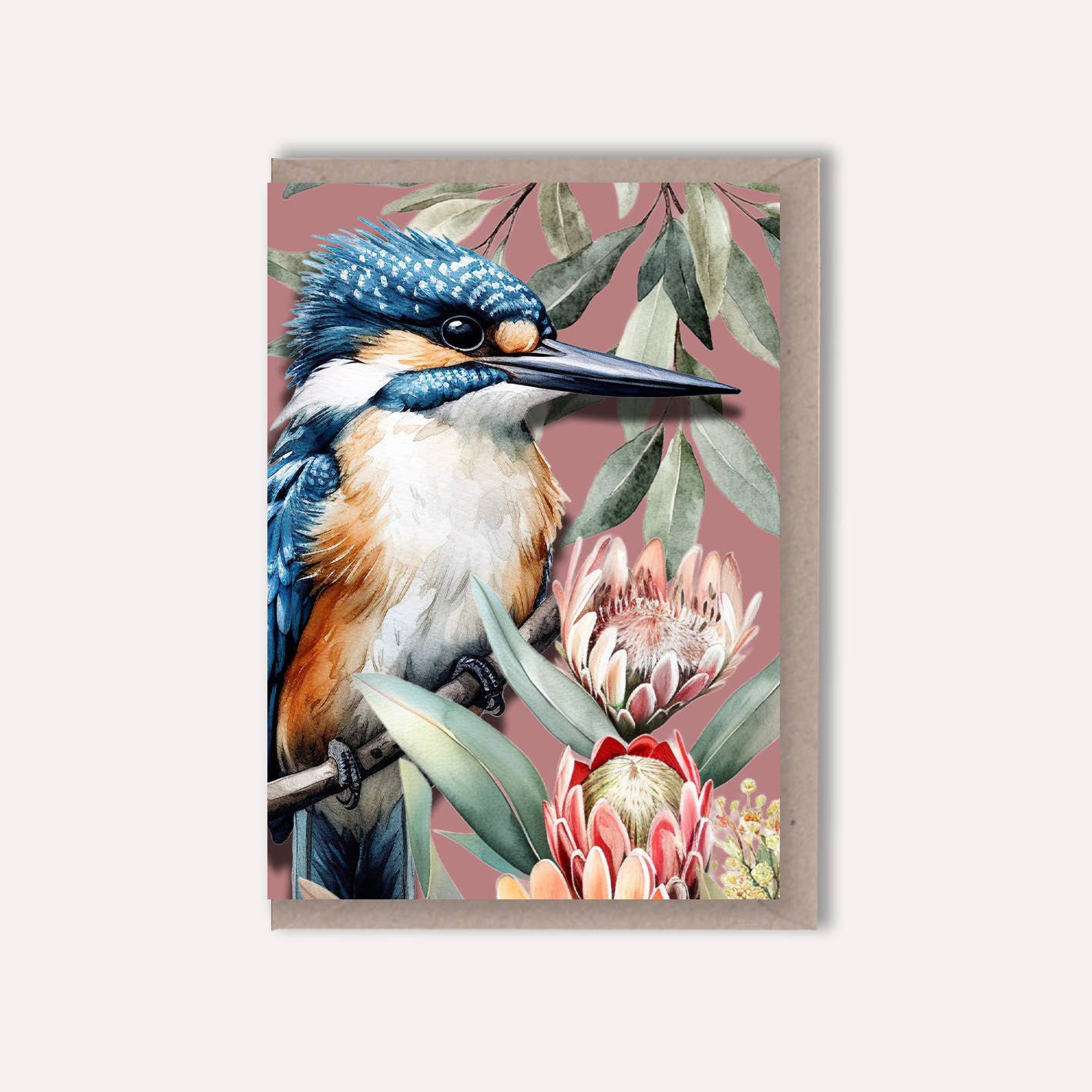 Scattered Seed Co - Wholesale Everyday greeting card - Australian Kingfisher on Native Florals greeting card