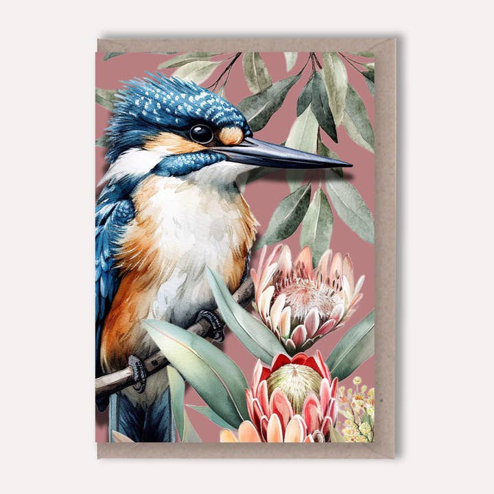 Australian Kingfisher on Native Florals greeting card for wholesale by Scattered Seed Co
