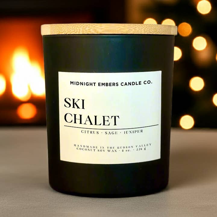 Ski Chalet 8 oz. Candle – Crisp Air & Amber Woods for wholesale by Midnight Embers Candle Co.
