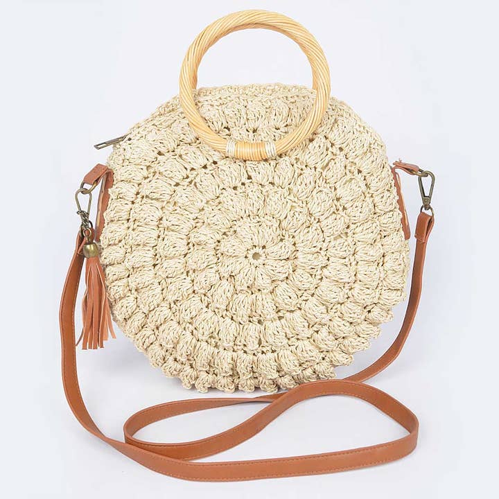 Chic Faux Straw Women's Clutch with Wood Handle for wholesale by 3AM BY H&D ACCESSORIES