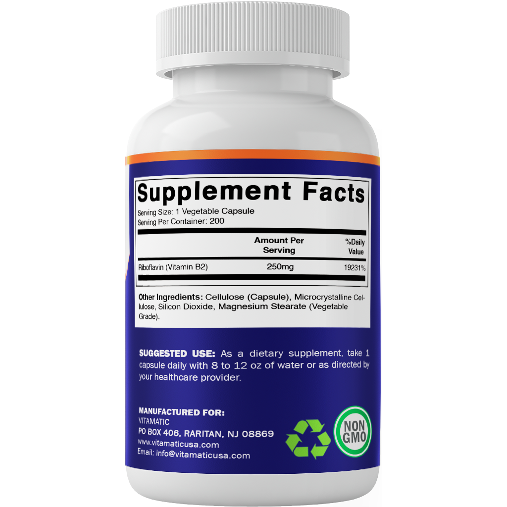 Vitamatic – wholesale Oral supplement/vitamin – Vitamatic | Vitamin B2 (Riboflavin) 250 mg | 200 Capsules7