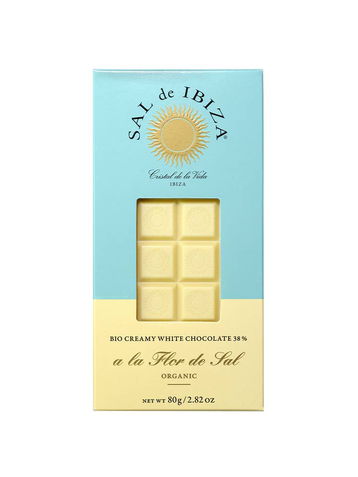 SAL de IBIZA Cioccolato bianco con Fleur de Sel, 38% cacao, 80g, BIO per la vendita all'ingrosso da parte di SAL de IBIZA