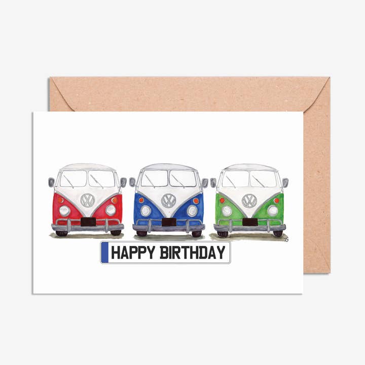 Tillykke med fødselsdagen nummerplade Tre VW Camper Vans-kort for engroshandel hos Typhoon Studios