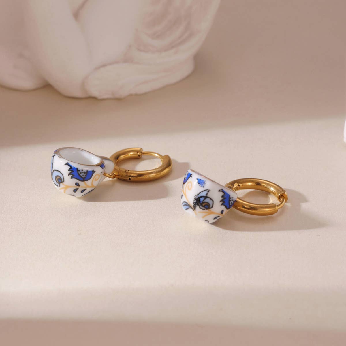 Tourtiwi – wholesale Hoop earrings – Delicate Floral Teacup Teapot Ceramic Hoop Earrings2