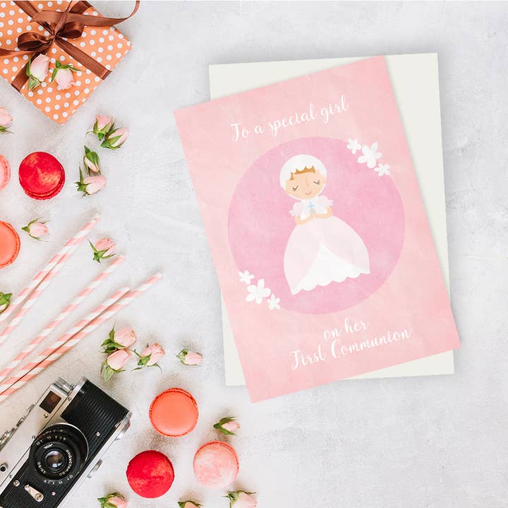 Rosy Designs – wholesale Confirmation & communion card – First Holy Communion Card, Girls Communion Greeting Card1