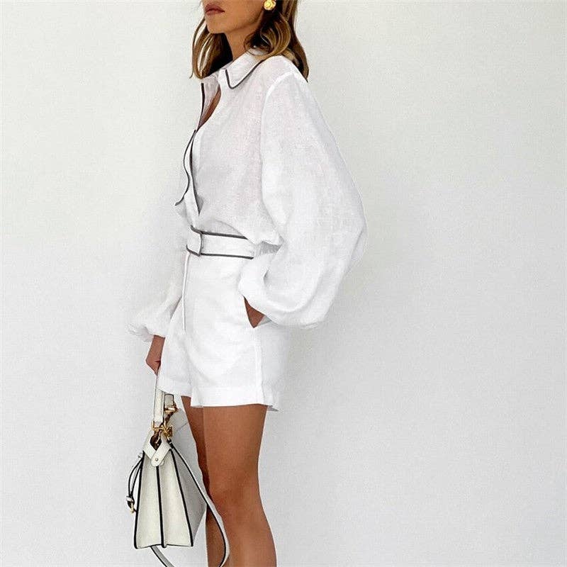 WHITE Loose Color Block Long Sleeve Shirt And Shorts Set for wholesale on Faire2