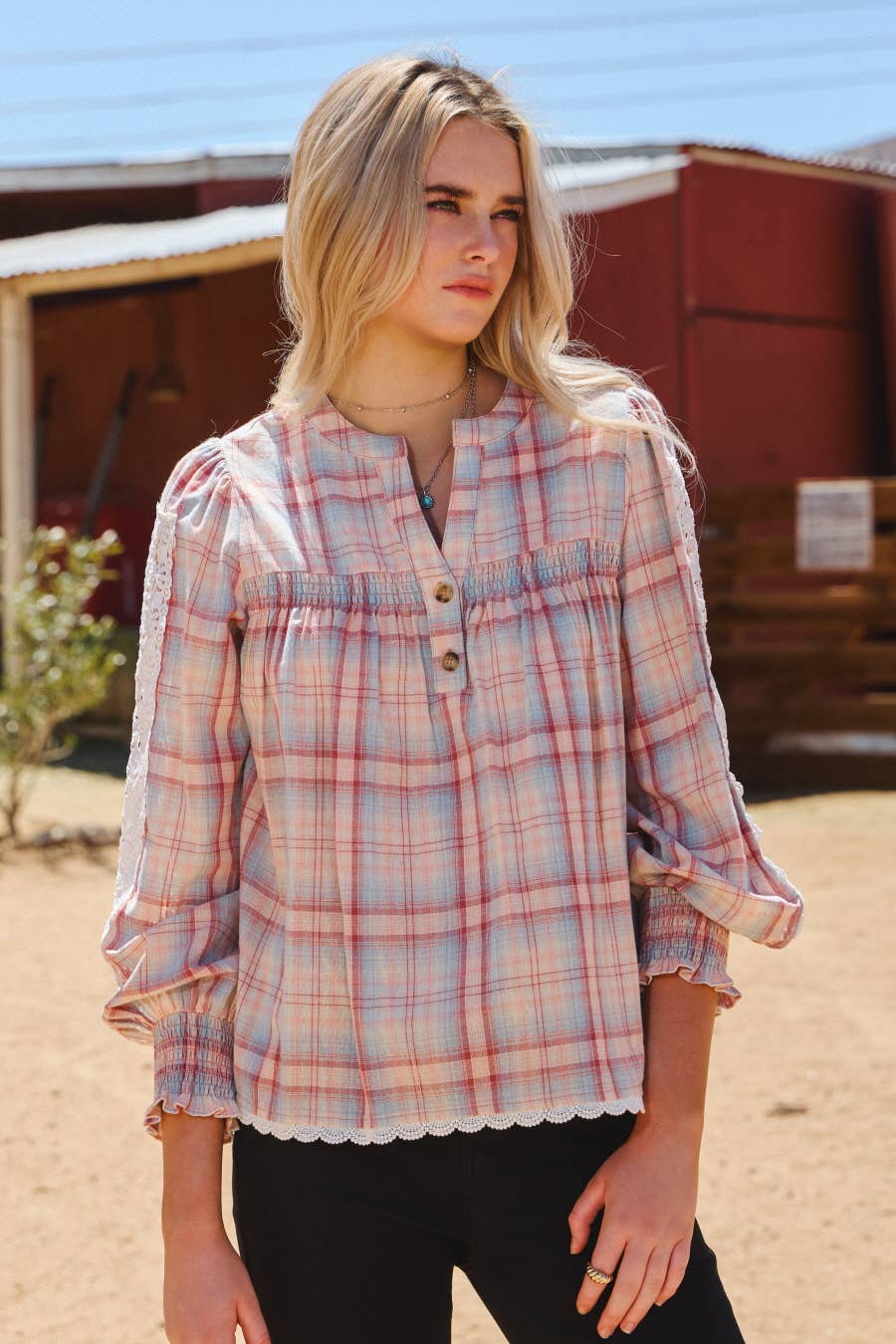 Oddi - Wholesale Blouse - Women's - Lace& Plaid Combo Long Sleeve Blouse8